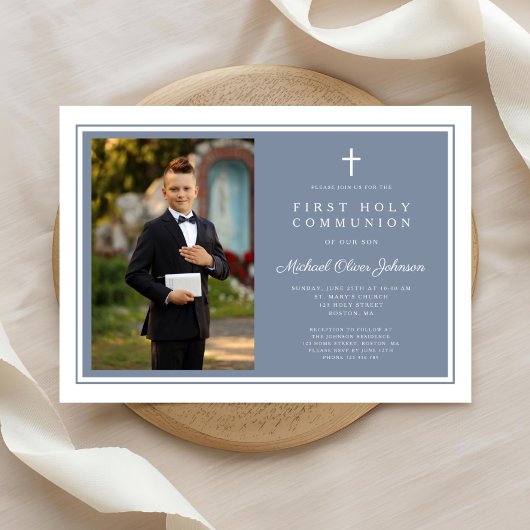 Modern Dusty Blue Boy Photo First Communion 招待状