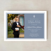 Modern Dusty Blue Boy Photo First Communion 招待状