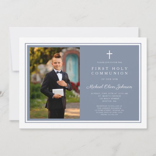 Modern Dusty Blue Boy Photo First Communion 招待状 (正面)