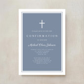 Modern Dusty Blue Cross Boy Confirmation 招待状