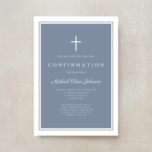 Modern Dusty Blue Cross Boy Confirmation 招待状