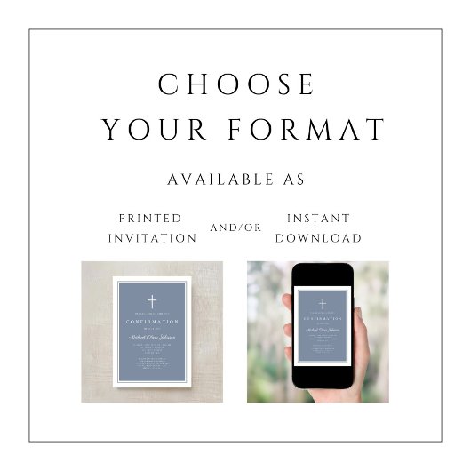 Modern Dusty Blue Cross Boy Confirmation 招待状
