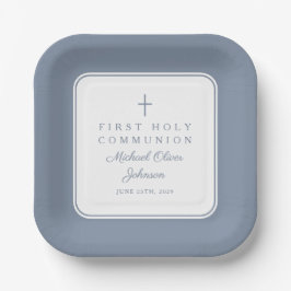 Modern Dusty Blue Cross Boy First Communion ペーパープレート
