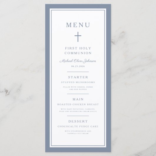 Modern Dusty Blue Cross Boy First Communion メニュー (正面)