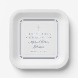 Modern Dusty Blue Cross Boy First Holy Communion ペーパープレート
