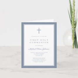 Modern Dusty Blue Cross Boy First Holy Communion 招待状