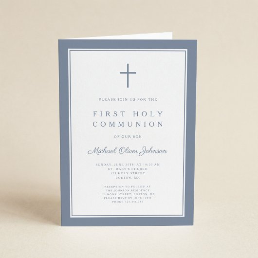 Modern Dusty Blue Cross Boy First Holy Communion 招待状