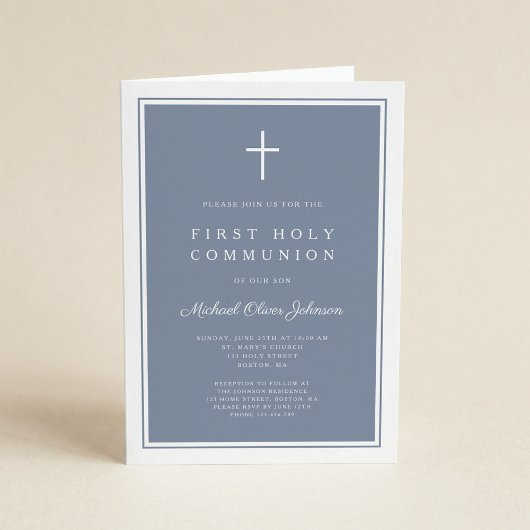 Modern Dusty Blue Cross Boy First Holy Communion 招待状
