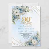 Modern Dusty Blue Floral Gold 90th Birthday Card 招待状 (正面)
