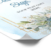 Modern Dusty Blue Floral Gold Glitter Wedding Sign ポスター (角)