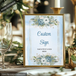 Modern Dusty Blue Floral Gold Glitter Wedding Sign ポスター