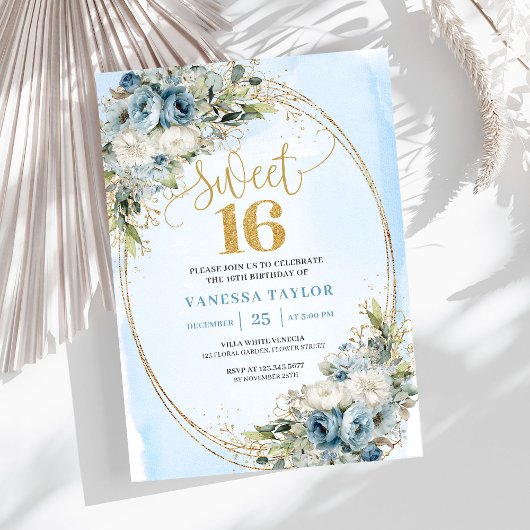 Modern Dusty Blue Floral Gold Sweet Sixteen Invite 招待状