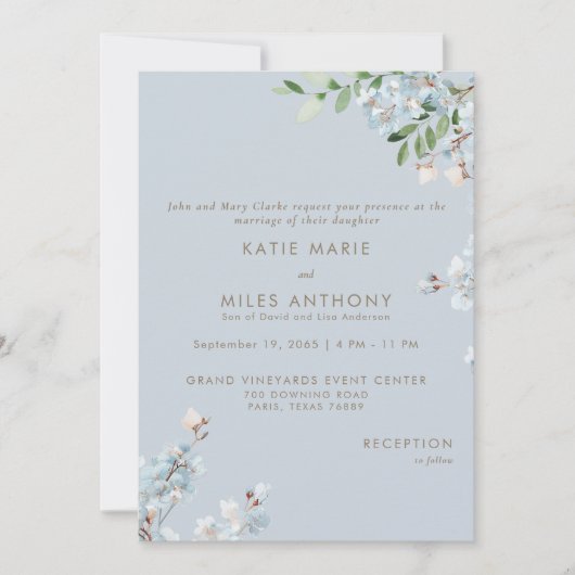 Modern Dusty Blue Floral Greenery Wedding 招待状 (正面)