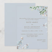 Modern Dusty Blue Floral Greenery Wedding 招待状 (正面/裏面)