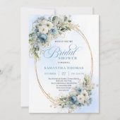 Modern Dusty Blue Flowers Gold Frame Bridal Shower 招待状 (正面)