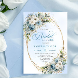 Modern Dusty Blue Flowers Gold Frame Bridal Shower 招待状