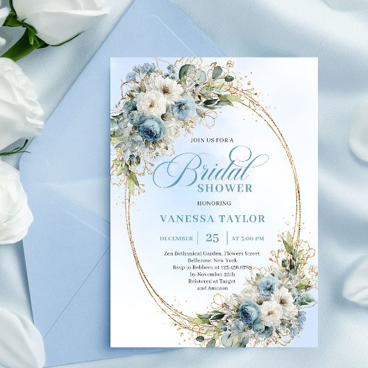 Modern Dusty Blue Flowers Gold Frame Bridal Shower 招待状