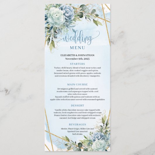 Modern Dusty Blue Flowers White Gold Wedding Menu メニュー (正面)