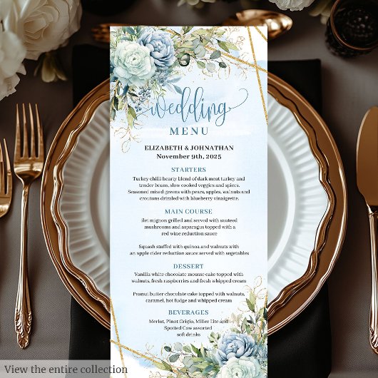 Modern Dusty Blue Flowers White Gold Wedding Menu メニュー