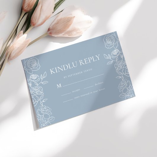 Modern Dusty Blue French Roses Wedding 出欠カード