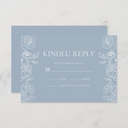Modern Dusty Blue French Roses Wedding 出欠カード (正面/裏面)