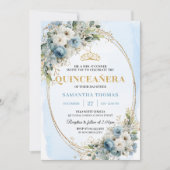 Modern Dusty Blue Gold Greenery Quinceañera Invite 招待状 (正面)