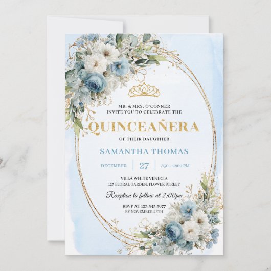 Modern Dusty Blue Gold Greenery Quinceañera Invite 招待状 (正面)