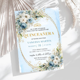 Modern Dusty Blue Gold Greenery Quinceañera Invite 招待状
