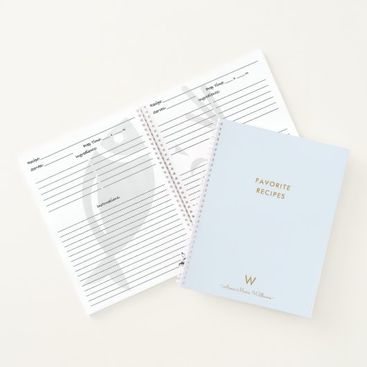 Modern Dusty Blue Gold Script Monogram Recipe ノートブック (内部)