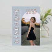 Modern Dusty Blue Gray Photo Graduation Rose Gold 箔招待状 (立ち正面)