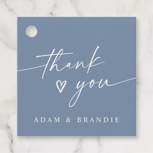 Modern Dusty Blue Handwritten Thank You Wedding フェイバータグ (正面)