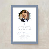 Modern Dusty Blue Photo Boy First Communion 招待状