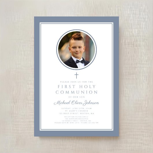 Modern Dusty Blue Photo Boy First Communion 招待状