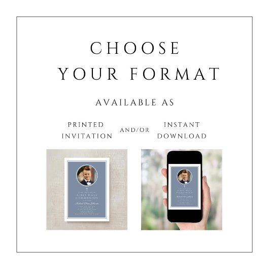 Modern Dusty Blue Photo Boy First Communion 招待状