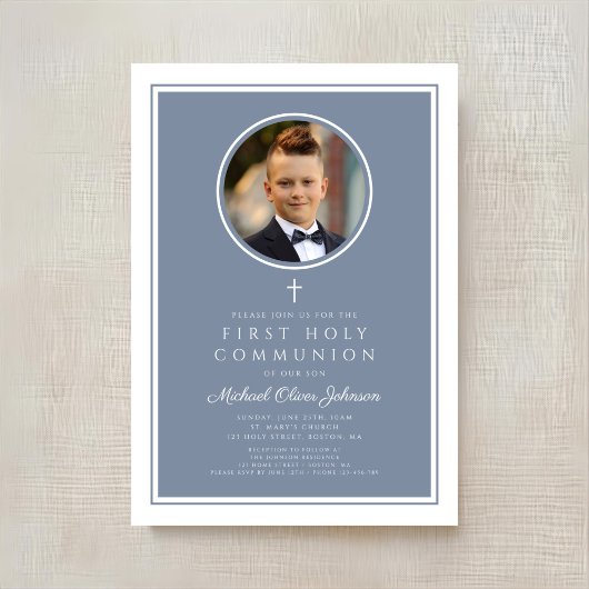 Modern Dusty Blue Photo Boy First Communion 招待状