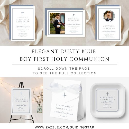 Modern Dusty Blue Photo Boy First Holy Communion 招待状