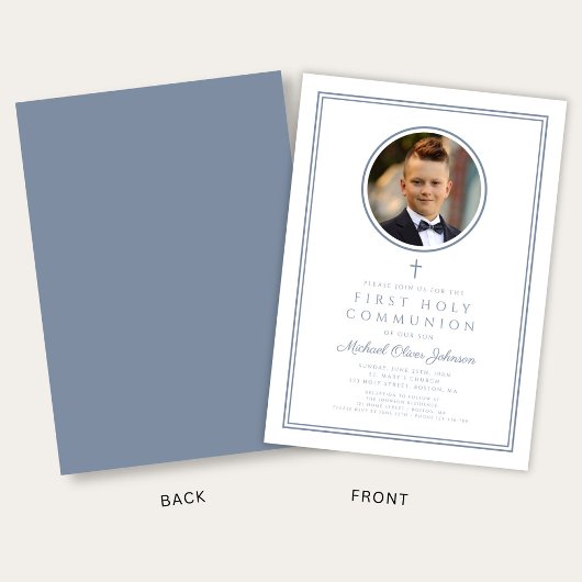 Modern Dusty Blue Photo Boy First Holy Communion 招待状