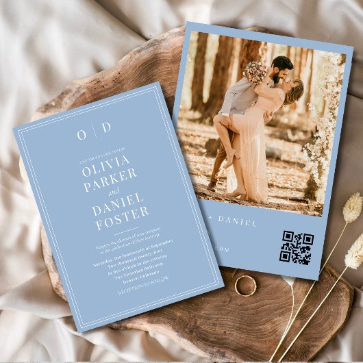 Modern Dusty Blue Photo QR Code Wedding 招待状