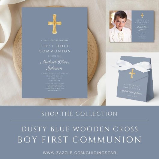 Modern Dusty Blue Religious Boy First Communion サンキューカード