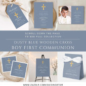 Modern Dusty Blue Religious Boy First Communion サンキューカード