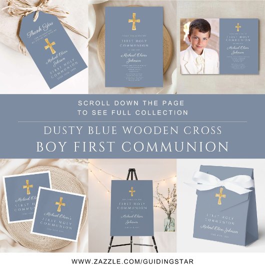 Modern Dusty Blue Religious Boy First Communion サンキューカード