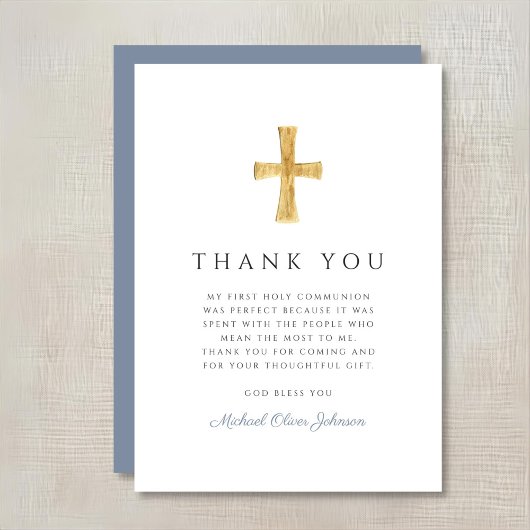 Modern Dusty Blue Religious Boy First Communion サンキューカード