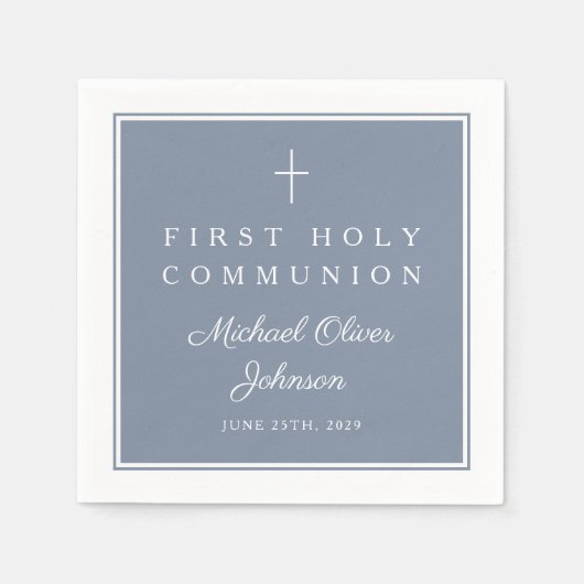 Modern Dusty Blue Religious Boy First Communion スタンダードカクテルナプキン (正面)