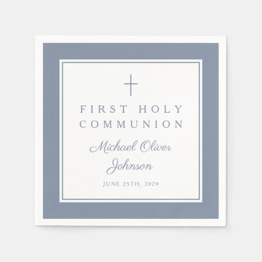 Modern Dusty Blue Religious Boy First Communion スタンダードカクテルナプキン (正面)