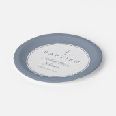 Modern Dusty Blue Religious Cross Baptism ペーパープレート (アングル)