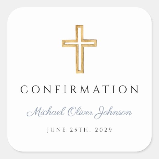 Modern Dusty Blue Religious Cross Boy Confirmation スクエアシール (正面)