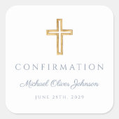 Modern Dusty Blue Religious Cross Boy Confirmation スクエアシール (正面)