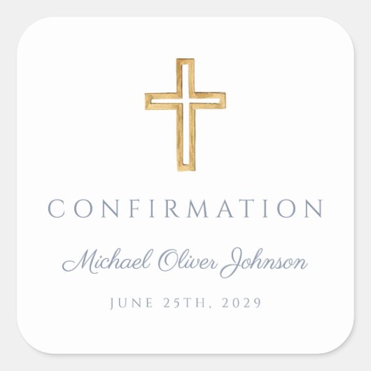 Modern Dusty Blue Religious Cross Boy Confirmation スクエアシール (正面)