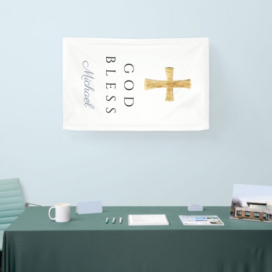 Modern Dusty Blue Religious Cross Boy God Bless 横断幕 (トレードショー)