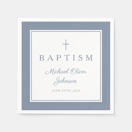 Modern Dusty Blue Religius Cross Boy Baptism スタンダードカクテルナプキン (正面)